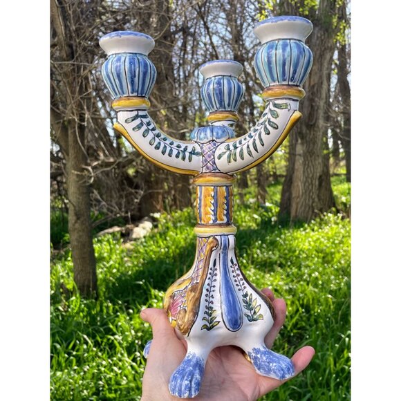 Vintage Hand Painted Portugal 3 Arm Candelabra Candle Stick Holder - Picture 8 of 16